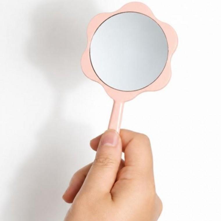 작은 핑크 손거울 여행 거울 손잡이 휴대용