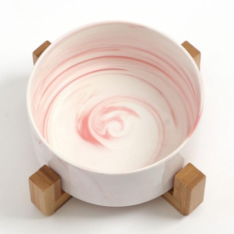 반려동물 우드받침 도자기식기 16cm 마블핑크 반려견식기 애견밥그릇