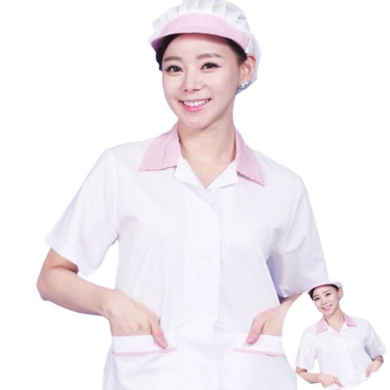 위생복 반팔 핑크카라 작업복상의 조리사복장 조리복