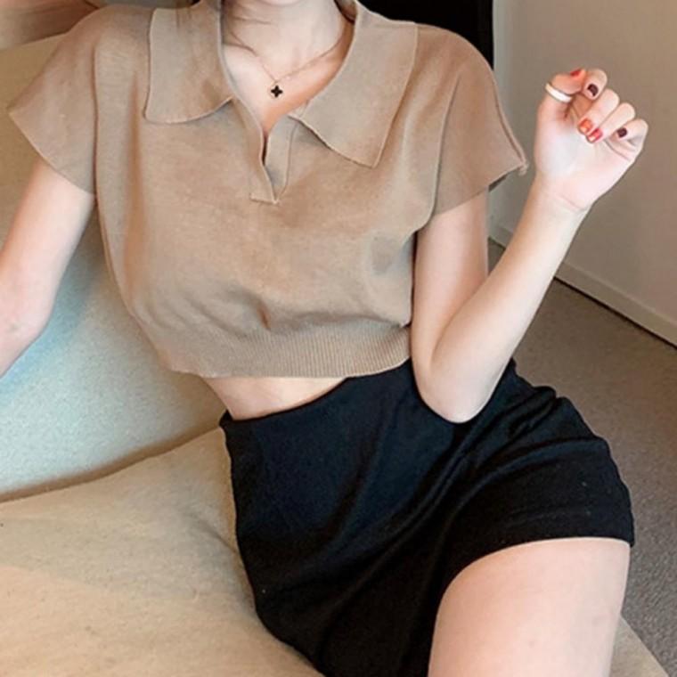 여성 크롭티 피케티셔츠 브이넥티셔츠