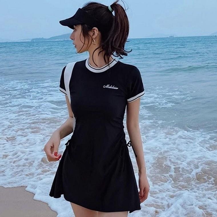 반팔 스커트 투피스 수영복 스포티 카라 배색 모노 키니 체형 커버