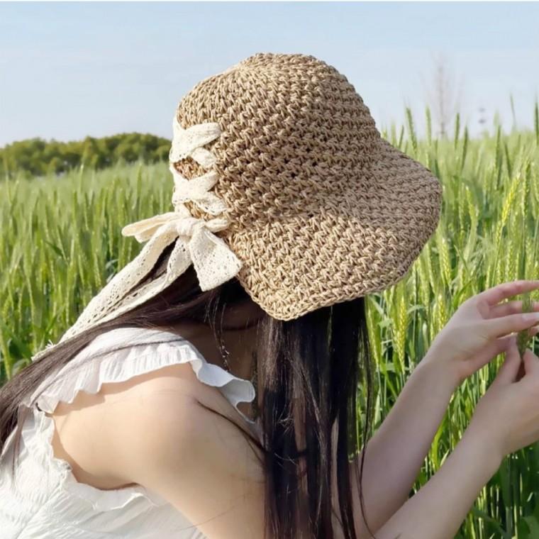 뒷리본 라탄 여성스러운 왕골모자