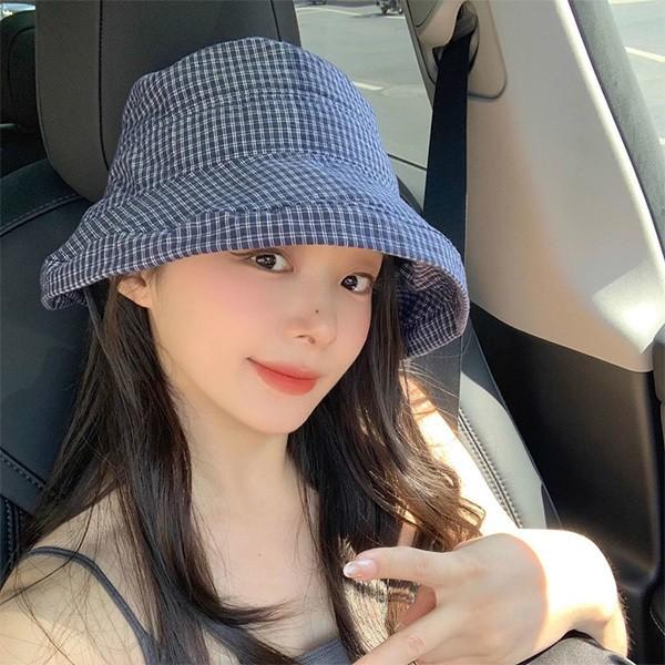 여성용 버킷햇 뒷리본 모자 벙거지 데일리 여행 체크