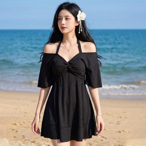은창]체형커버 오프숄더 반팔 꼬임 골지 원피스 수영복 원피스 몸매보정 치마 세트 비키니 바지 여름 휴가