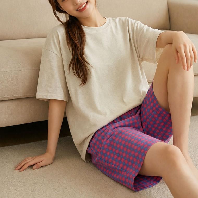 여름 잠옷 반바지 지지미 체크 여성 캔디체크 파자마 5부 홈웨어 밴딩