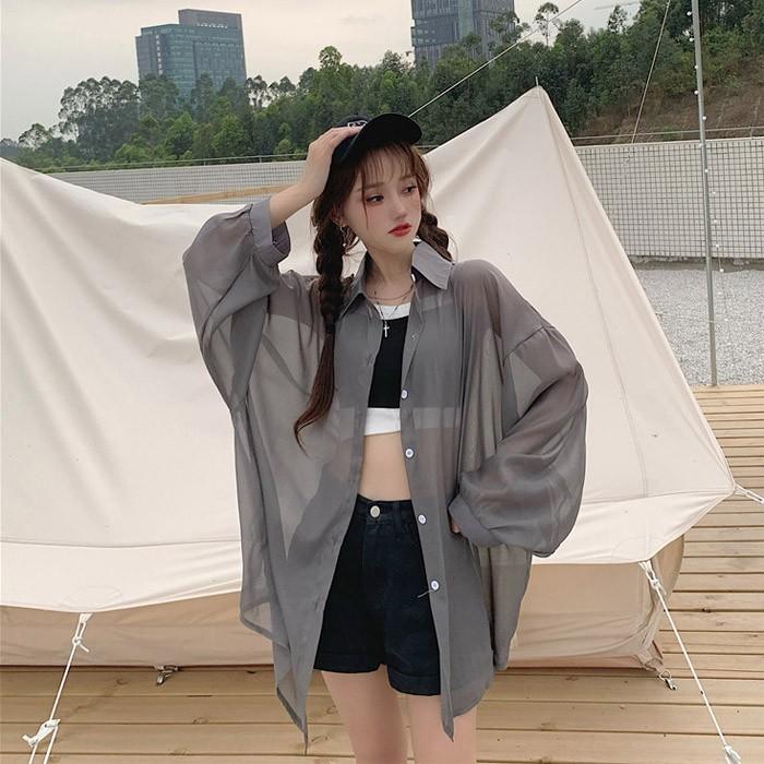 햇빛차단 비치룩 시스루 블라우스 쉬폰소재 빅사이즈