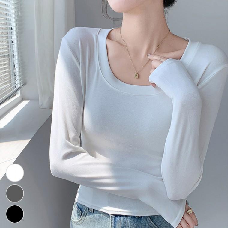슬림핏 이너티 깊은라운드넥 베이직 여성 긴팔티셔츠
