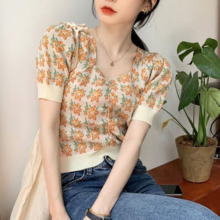 여름패션 넥포인트 여성스런 플라워 크롭 니트반팔티