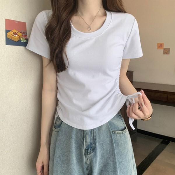 날씬해보이는 여성 라운드반팔티 여름 옆라인셔링