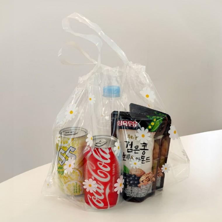 [개미물류] 꽃비닐봉투50매 디저트 선물 매장 도시락 손잡이 쇼핑백 배달 카페 투명 답례품 포장 단체