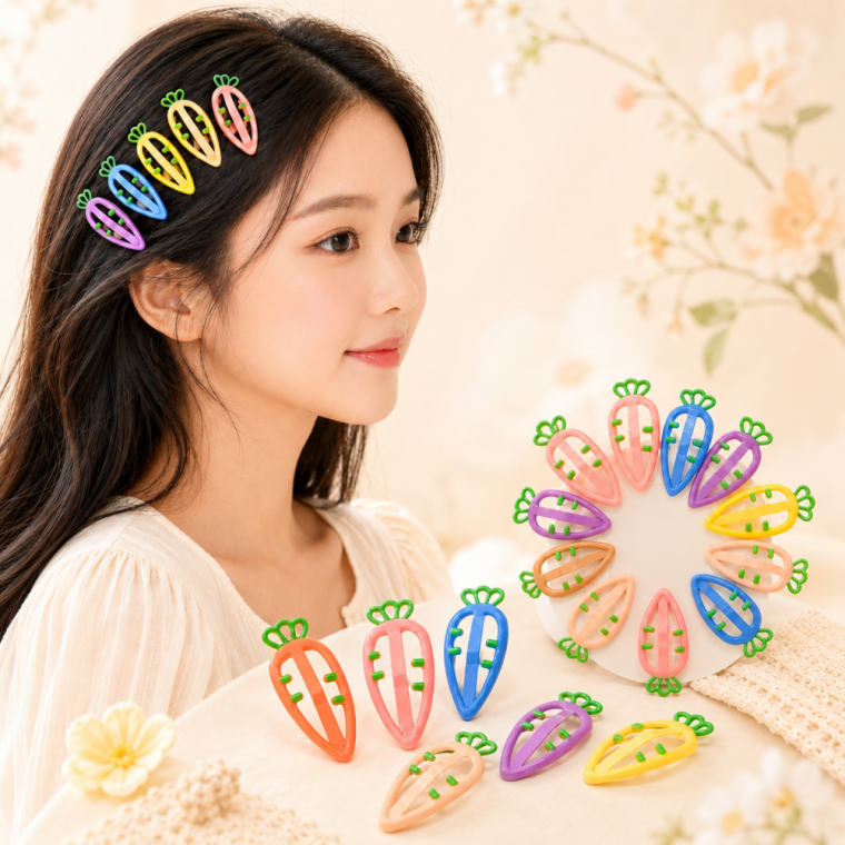 컬러 당근 모양 똑딱핀 여아 헤어핀 6컬러
