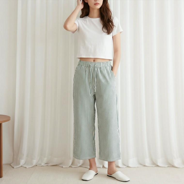 여름 지지미 냉감바지 스트라이프 밴딩 와이드팬츠 쿨링 시어서커 통바지 8부 홈웨어