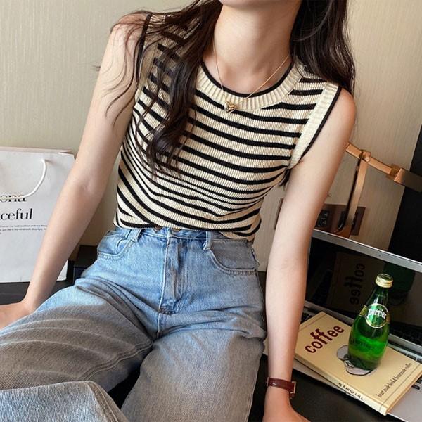 은창]샌드 비치 스트라이프 크롭 니트 티셔츠 민소매 나시 여름 봄 가을 여성 비치 휴가 여행 수영복 시스