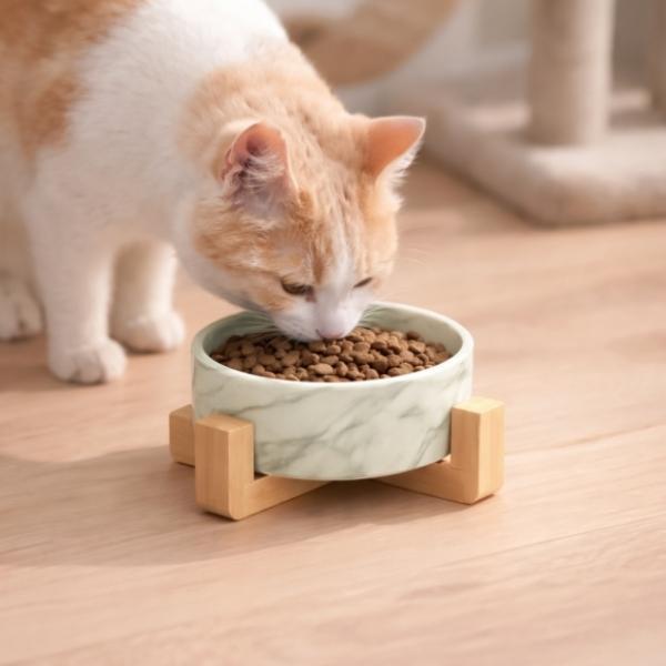 반려동물 우드받침 도자기식기 13cm 마블그레이