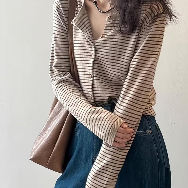 [위드기프트] 베이지 무드 스트라이프 데일리 내추럴 가디건