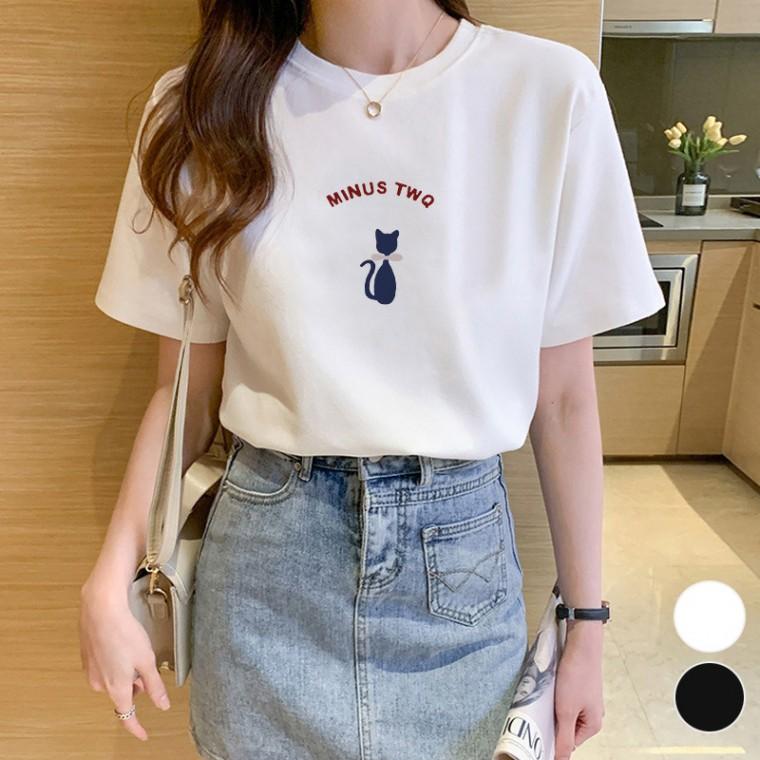캐주얼 고양이 베이직한 그래픽 반팔 티셔츠 여성