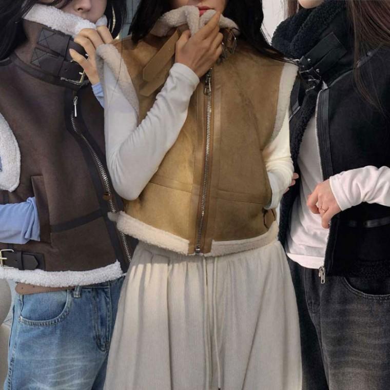 조끼 테두리퍼 보온 무스탕스타일 하이넥 빈티지 버클