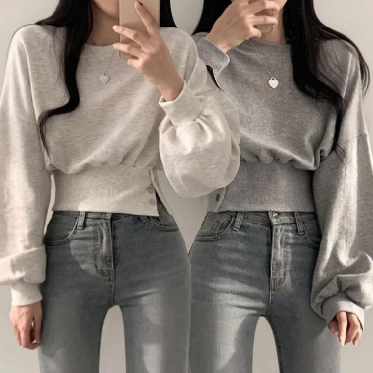 맨투맨티 잘록한허리 슬림해보이는 크롭 사이드버튼