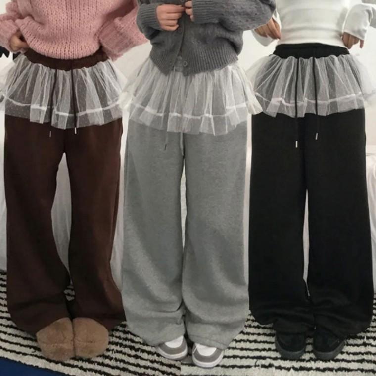 러블리 체형커버 팬츠 레이어드 레이스스커트 와이드