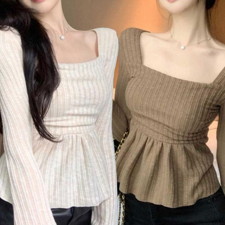 똥배가림 스퀘어넥 프릴밑단 슬림핏 여성스런 긴팔티