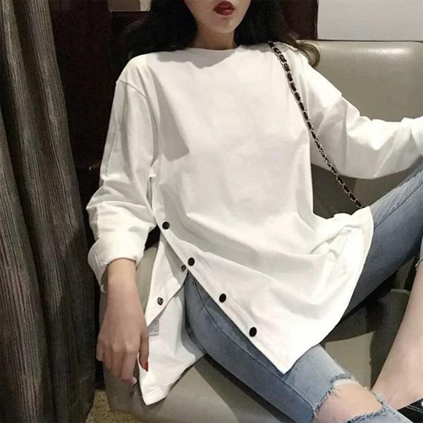 힙선가려주는 옆라인 양옆트임 단추포인트 롱티셔츠