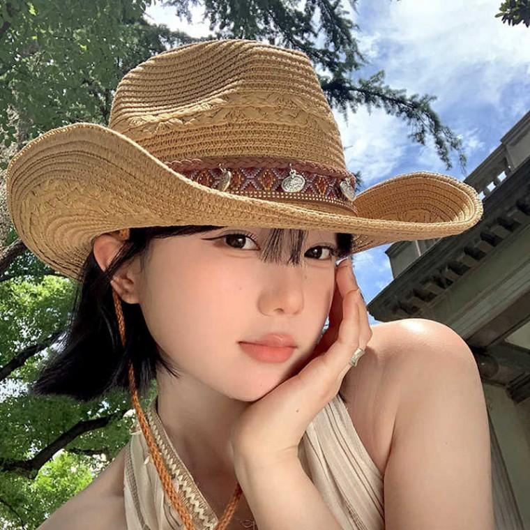 카우보이 와이드챙 여성 포인트 밀짚모자 수술 웨스턴