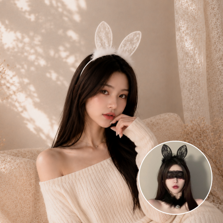 [보리별] 할로윈 머리띠 토끼귀 레이스 안대 바니걸 코스프레 파티 의상 헤어 얼굴장식