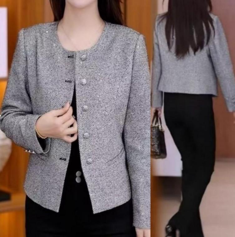여성 중년 하객룩 간절기 긴팔 라운드 재킷 트위드 자켓