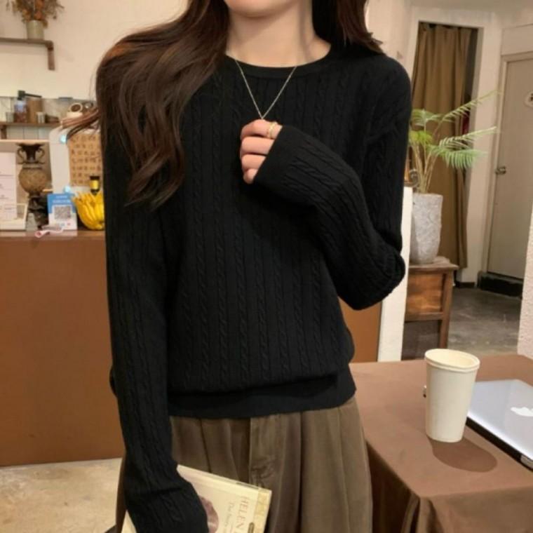 꽈배기 여성니트티 긴팔 여성용 라운드넥 간절기