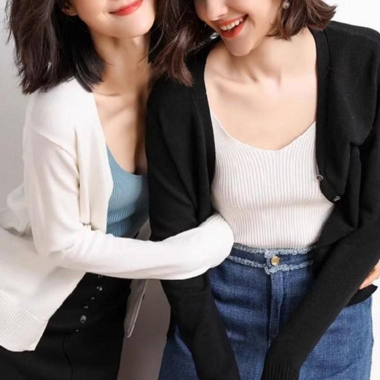 간절기 니트가디건 여성용 긴팔 브이넥 단추형