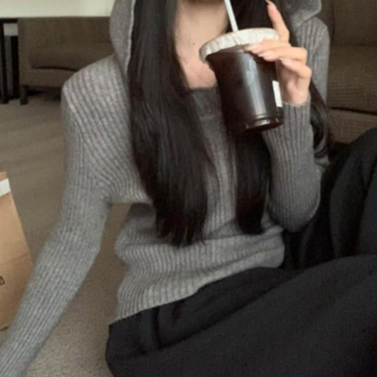 슬림핏 여성니트티 골지 후드 여성용 봄가을용