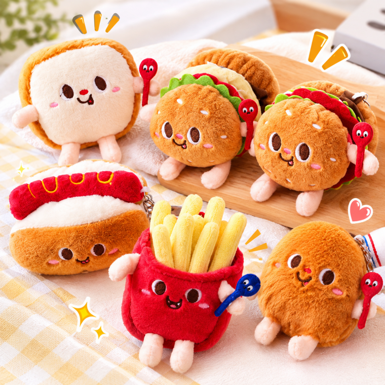 패스트푸드 봉제인형 키링 햄버거 치킨 감자튀김 토스트 음식 인형 가방고리 키홀더 우정템 단체선물