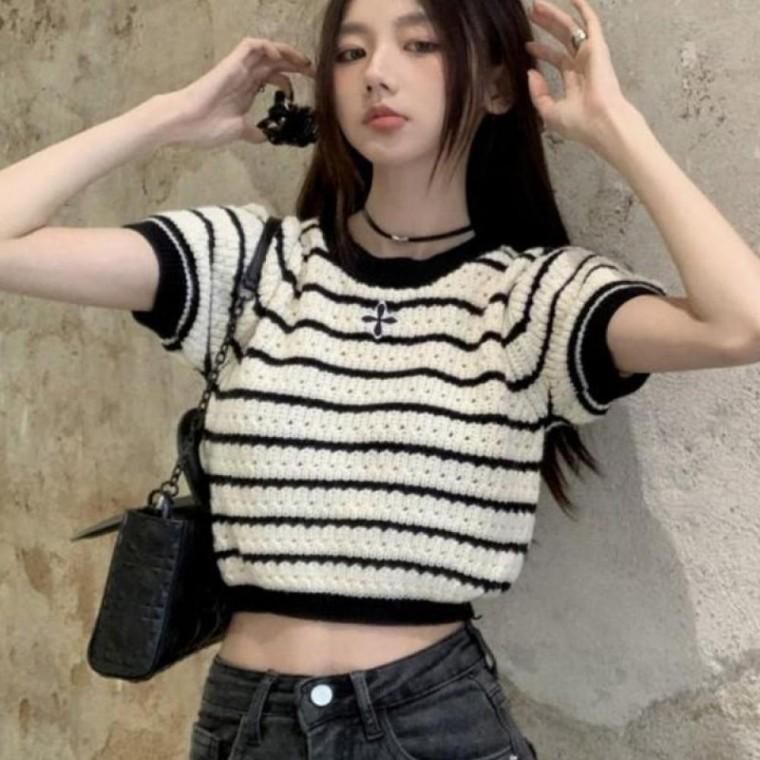 꽃잎브로치 니트티 줄무늬 크롭 반팔 여성용형