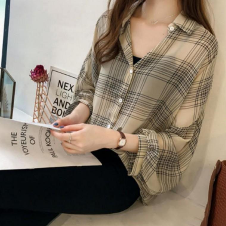 봄 가을 여성 직장인 카라 체크 시스루 셔츠 남방