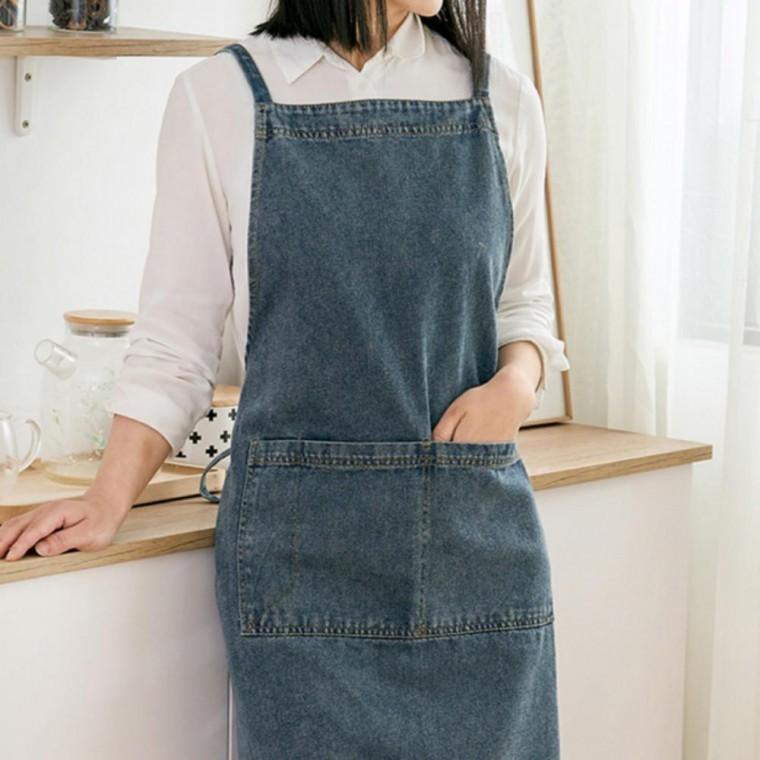 카페 미용 주방 데님 투 포켓 롱 앞치마 에이프런