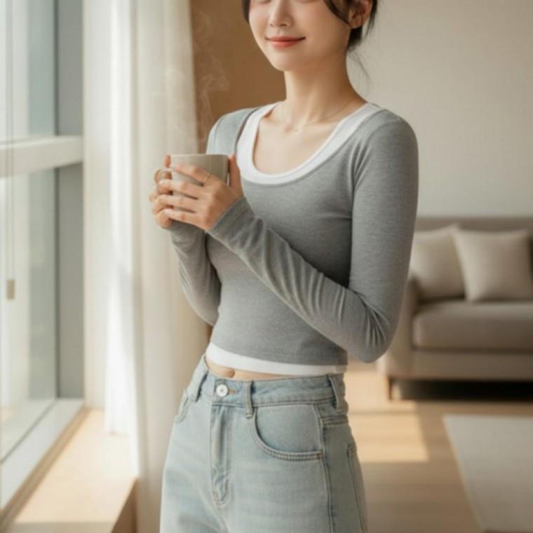 레이어드 나시 크롭 긴팔 여성 슬림핏 슬리브 티셔츠