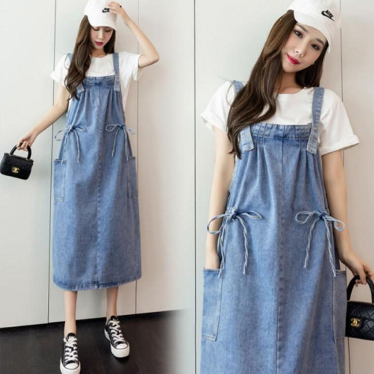 여성 레이어드 데님 스트링 청 멜빵 뷔스티에 원피스