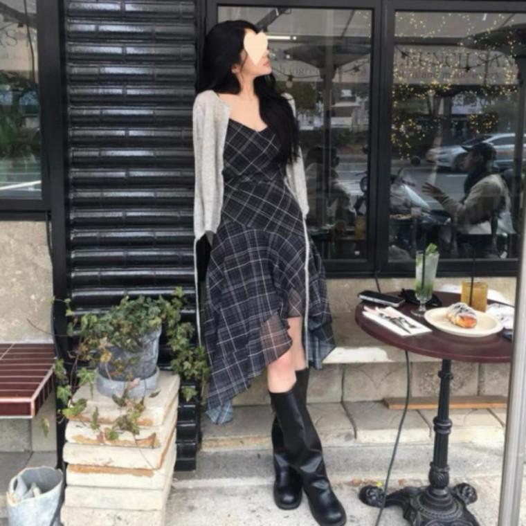 여성 체크 빈티지 롱 슬림핏 언발 뷔스티에 원피스