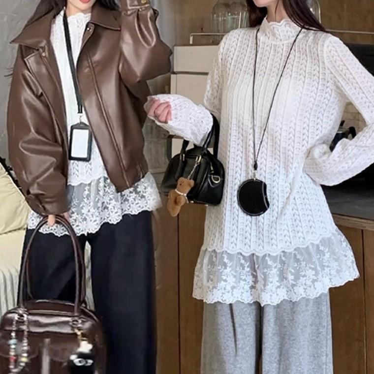 러블리 여성 레이스 프릴 반목 시스루블라우스 흰색 레이어드 이너 블라우스