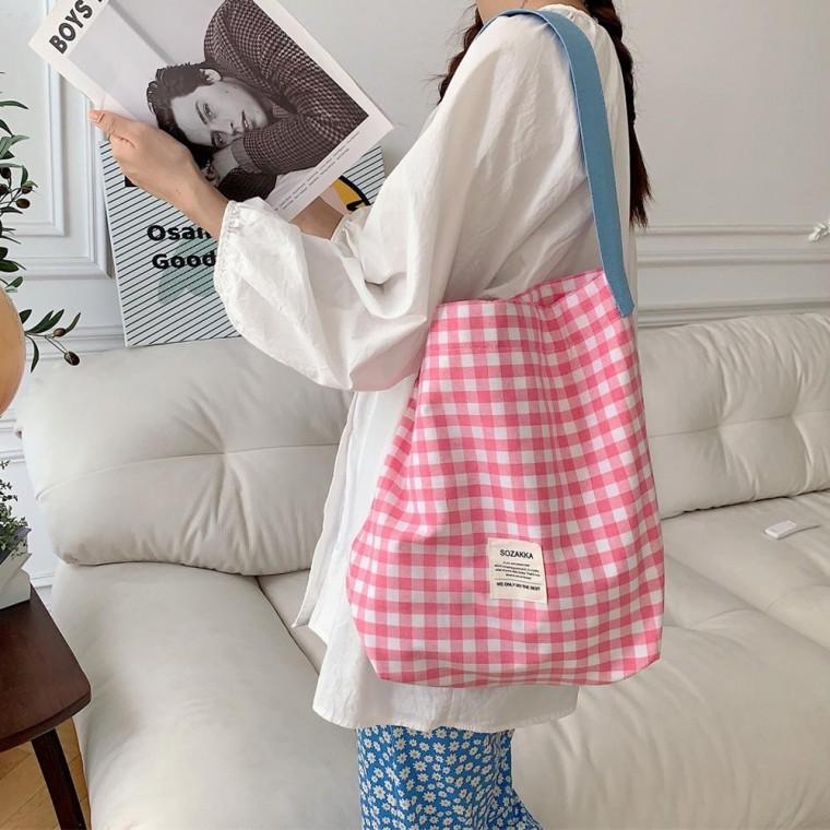 사계절 체크 에코백 보조가방 면 캐쥬얼 바캉스 숄더백