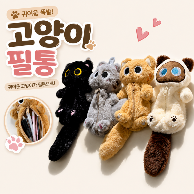고양이 필통 귀여운 봉제인형 털필통 대용량 캐릭터 펜슬케이스