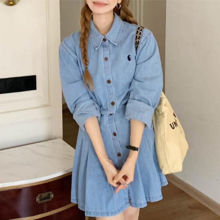 긴팔 카라 데님 원피스 허리밴딩 캐주얼 A라인 스커트