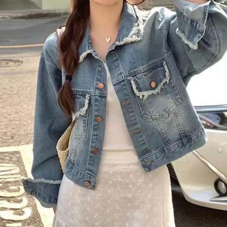 여성 크롭 캐주얼 수술 헤짐 투포켓 청 데님 자켓