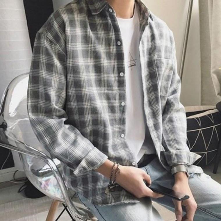 캐주얼 남성셔츠 체크무늬 대학생 남성용 의류