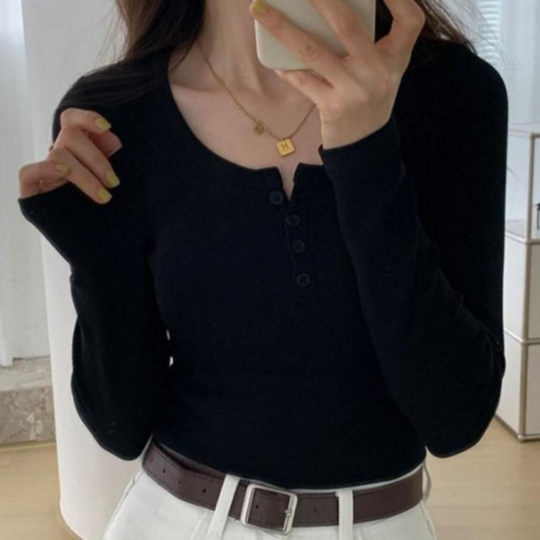 LD 자연스럽고 우아한 분위기 데일리 포단추 골지 긴팔티