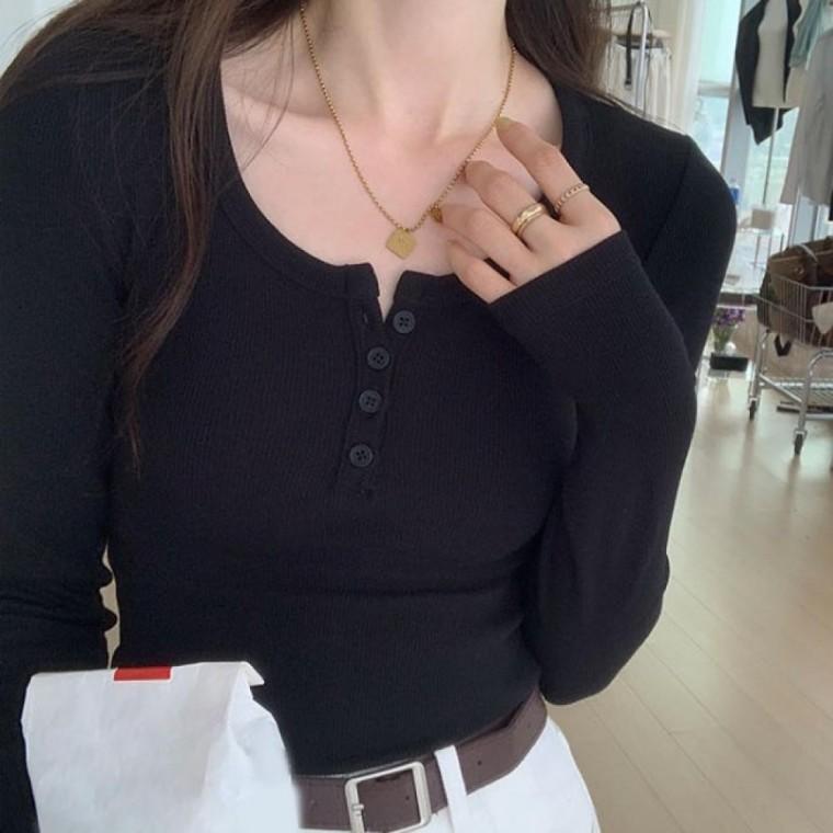 LD 부드럽고 자연스러운 골지 패턴의 슬림 긴팔티