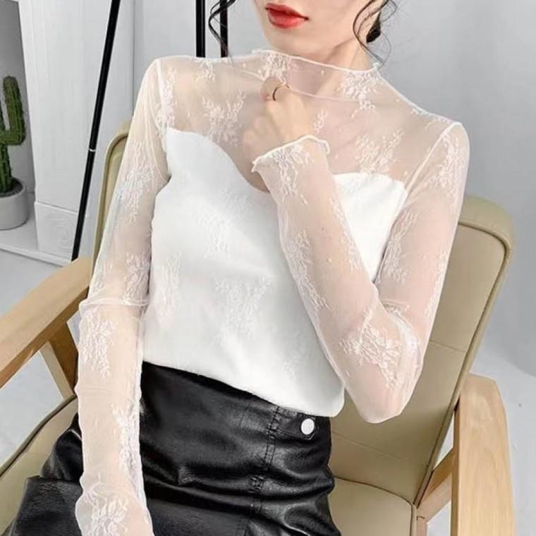 LD 여성 목폴라 망사 레이스 레이어트 티셔츠 블라우스