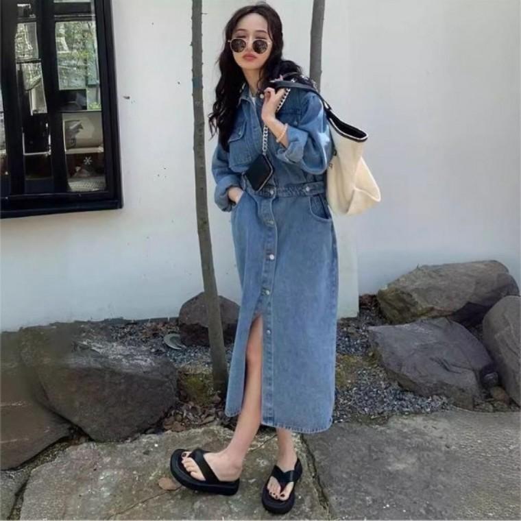 LD 와이드한 핏의 허리조절이 가능한 데님 롱원피스