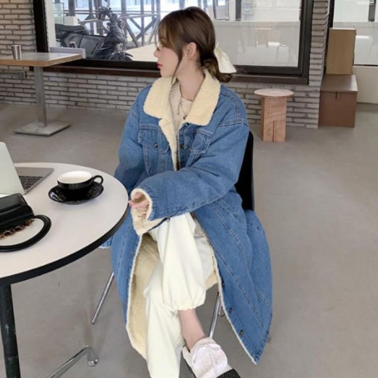 LD 부드러운 양털 안감의 롱 데님 점퍼 양털포인트 재킷