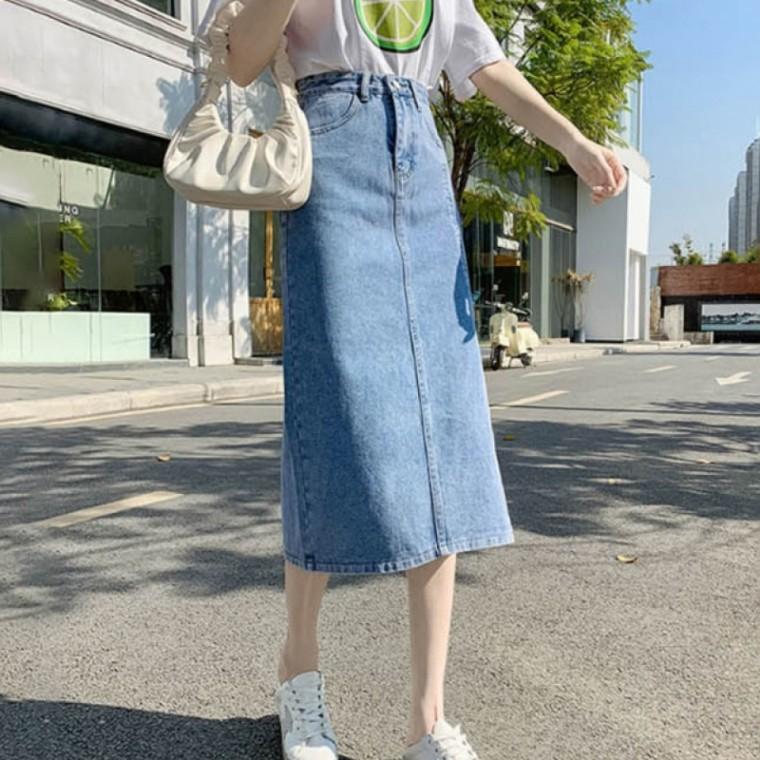 LD 앞트임스커트 롱 데님 A라인 데님 절개 롱치마